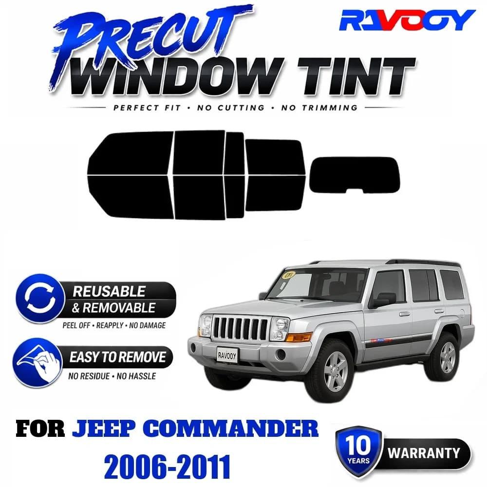 RAVOOY Precut Window Tint, Reusable Removable EPU Film, Custom Fit for Jeep Commander 2006-2011, UV Heat Protection