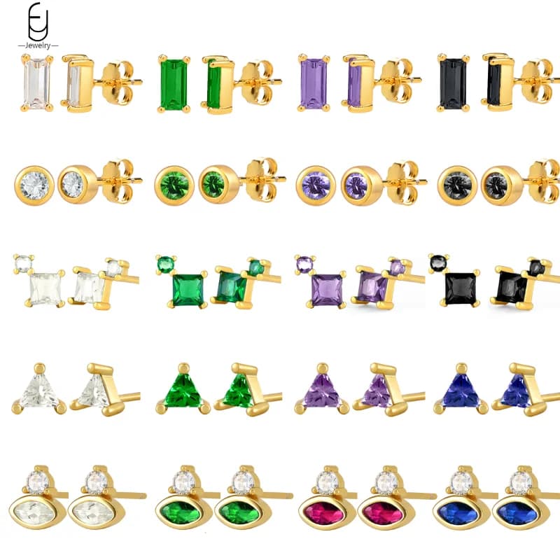Orecchino a bottone piccolo geometrico con ago in argento sterling 925 per le donne rotondo/quadrato/triangolo orecchino di cristallo colorato gioielli di moda