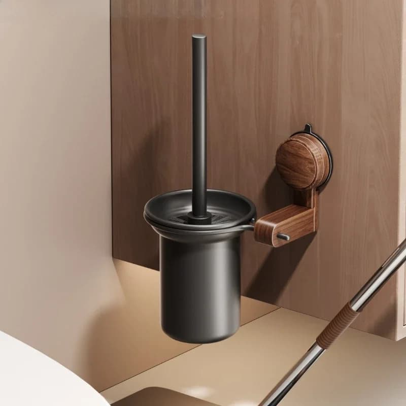 Walnut Suction Cup Toilet Brush No Drilling Required Bathroom Household Dead Angle Toilet Brush Wall-Mounted Storage Shelf