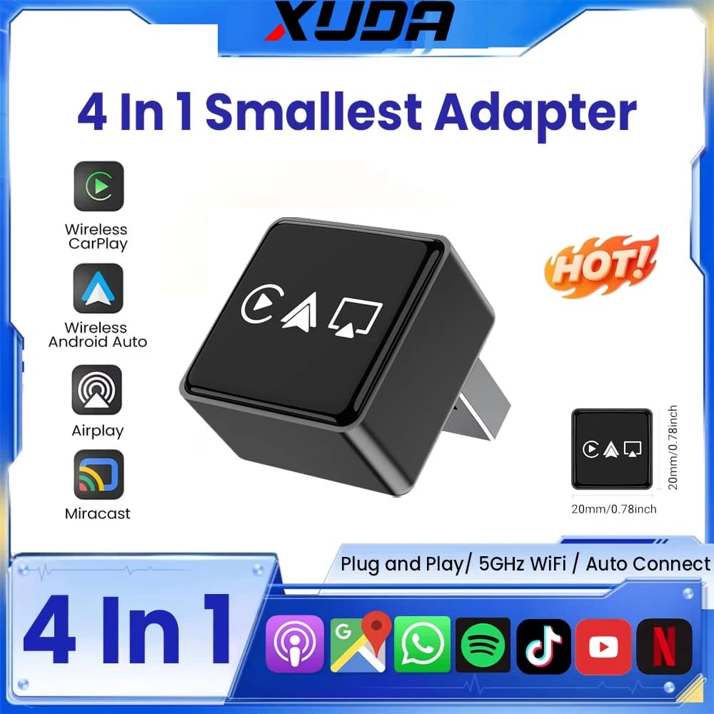 Adattatore 4 in 1 Wireless Carplay Android Auto Airplay Mirror Link 2026 WiFi Bluetooth USB Plug and Play da Cablato a Wireless