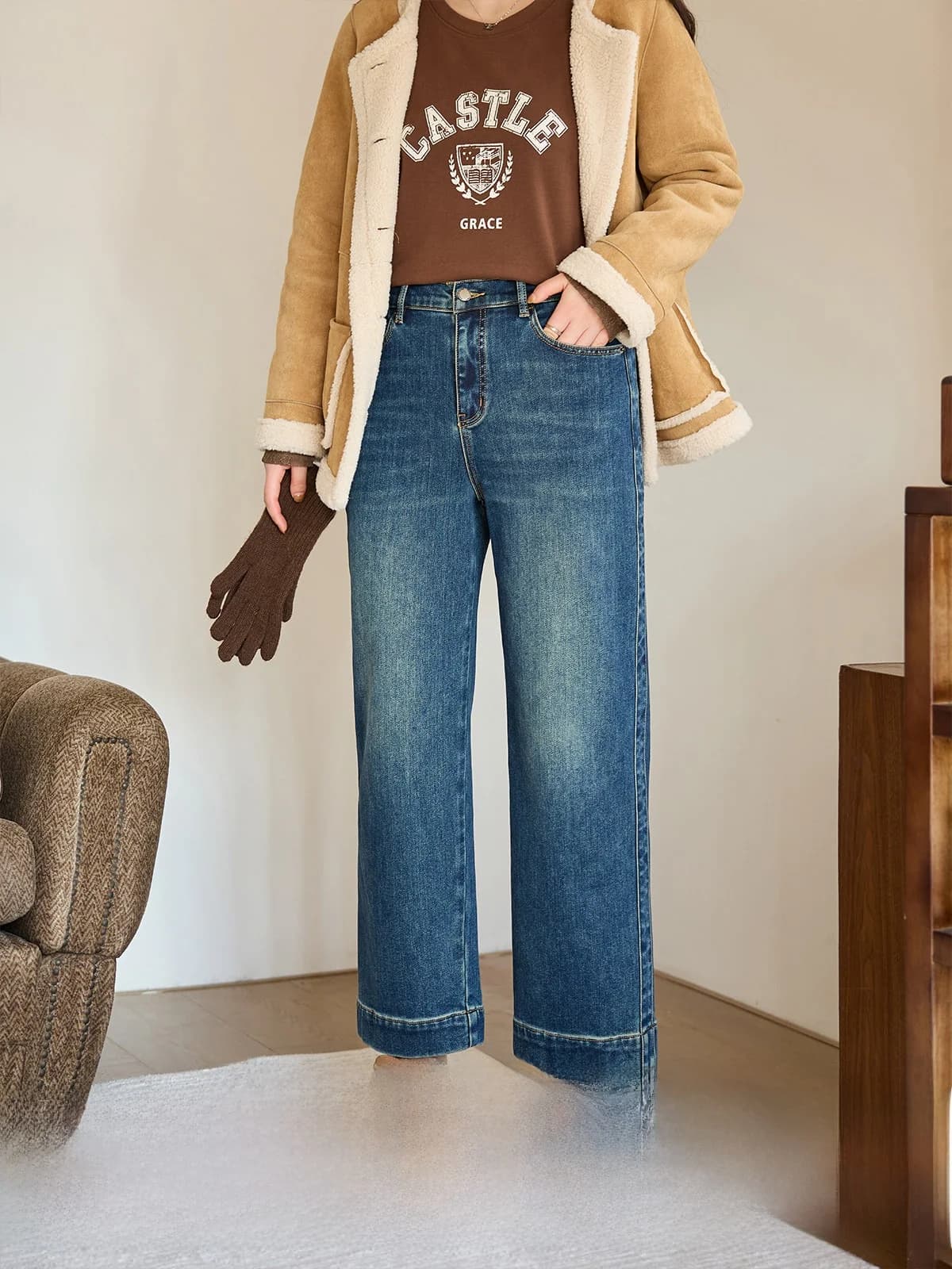 Jeans XLIDM Plus Size in straight leg casual denim, lined with fleece, with diagonal stripes, which hide the hips and smooth, for autumn and winter