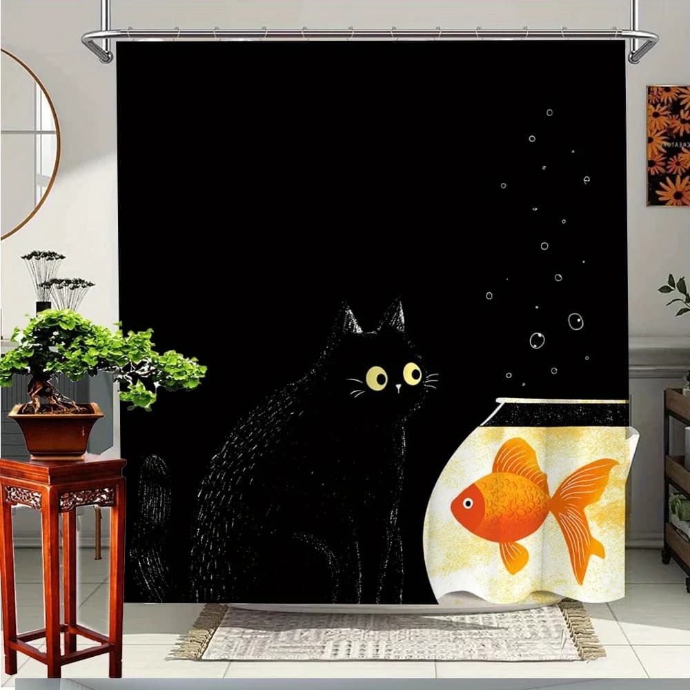1 tenda da doccia con simpatico gatto nero e pesce dorato - Decorazione da bagno a tema foresta stravagante con 12 ganci, 70,8x70,8 pollici durevole
