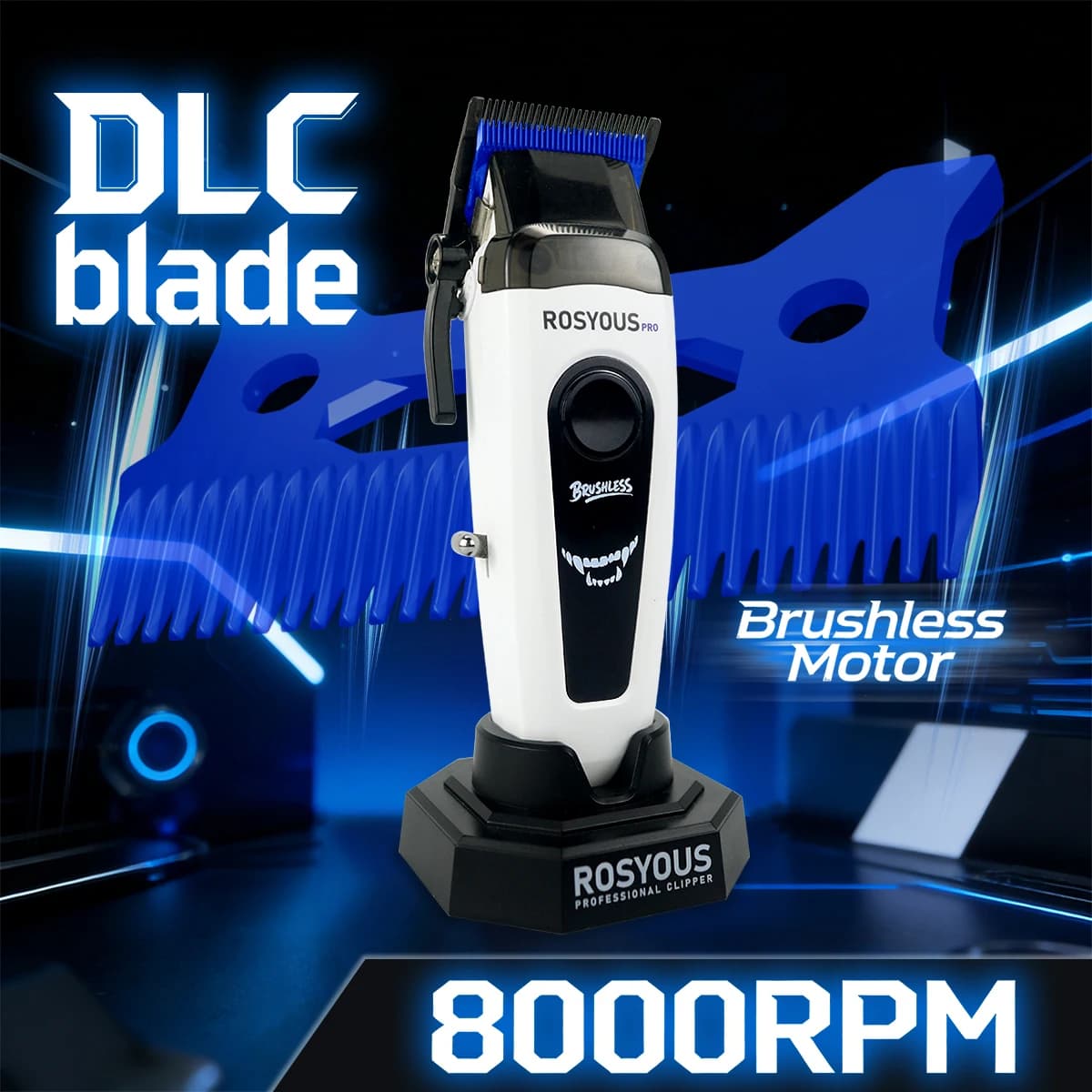 Tagliacapelli Professionale ROSYOUS per Uomo con Lama in Zirconio DLC, Motore Brushless 8000RPM, Base di Ricarica e Display LED