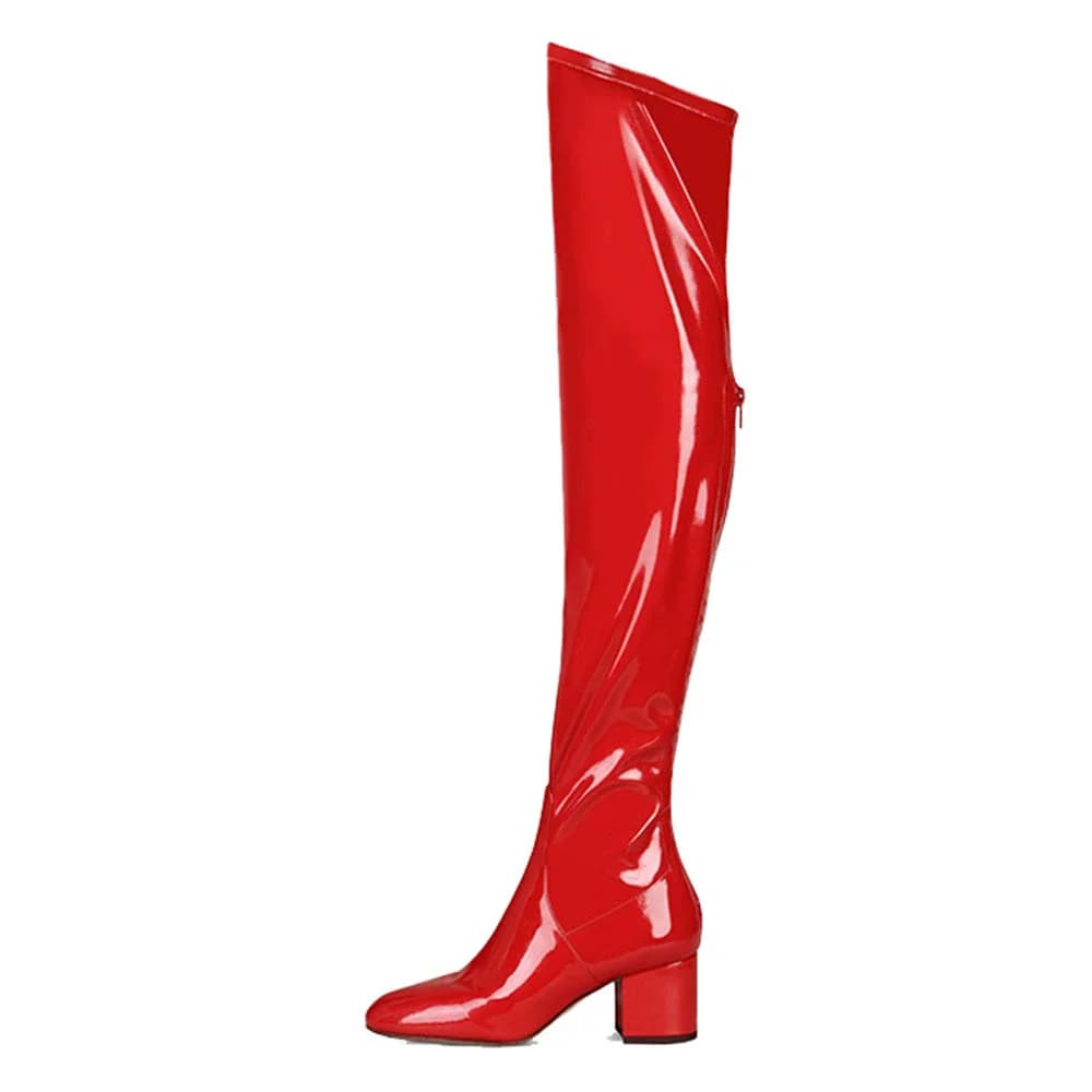 New women's boots above the knee in red painted leather with flat tip, square heel and back zipper, ideal for everyday clothing, large sizes, with high heel.