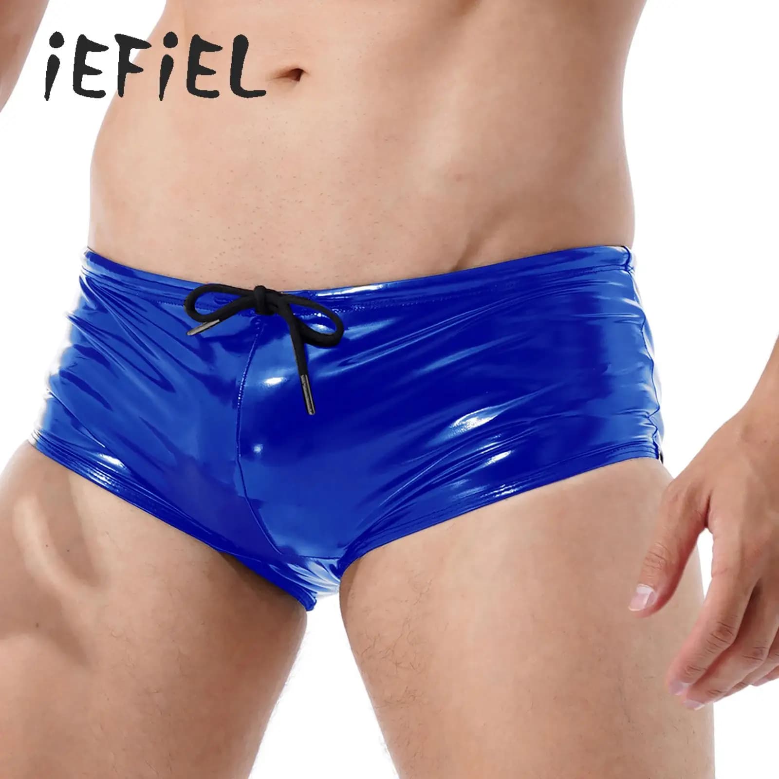 Costume da bagno da uomo in pelle verniciata effetto bagnato Pantaloncini da bagno in lattice a vita bassa con coulisse Costumi da bagno Party Pool Rave Swim Bottoms