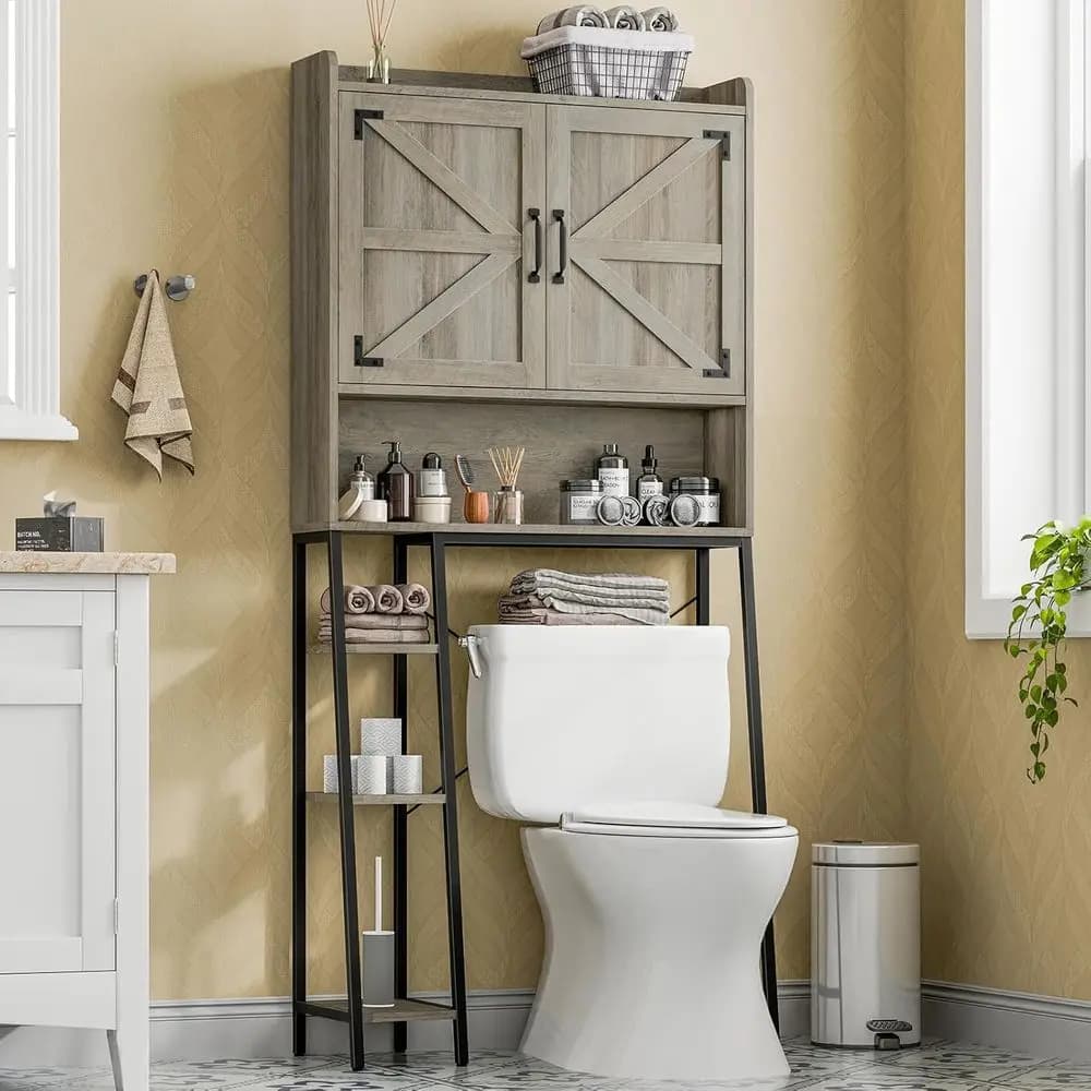 Mobiletto Salvaspazio Sopra il WC con Ante Scorrevoli e Portarotolo per Bagno, Toilette, Lavanderia