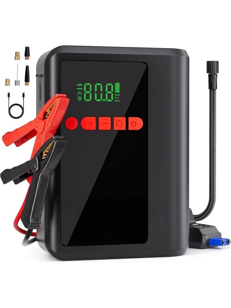 Avviatore di emergenza A2 8 in 1 con compressore d'aria, booster batteria per auto da 2500 A (fino a 8 litri di gas/6 litri diesel) Spegnimento automatico senza fili da 150 PSI