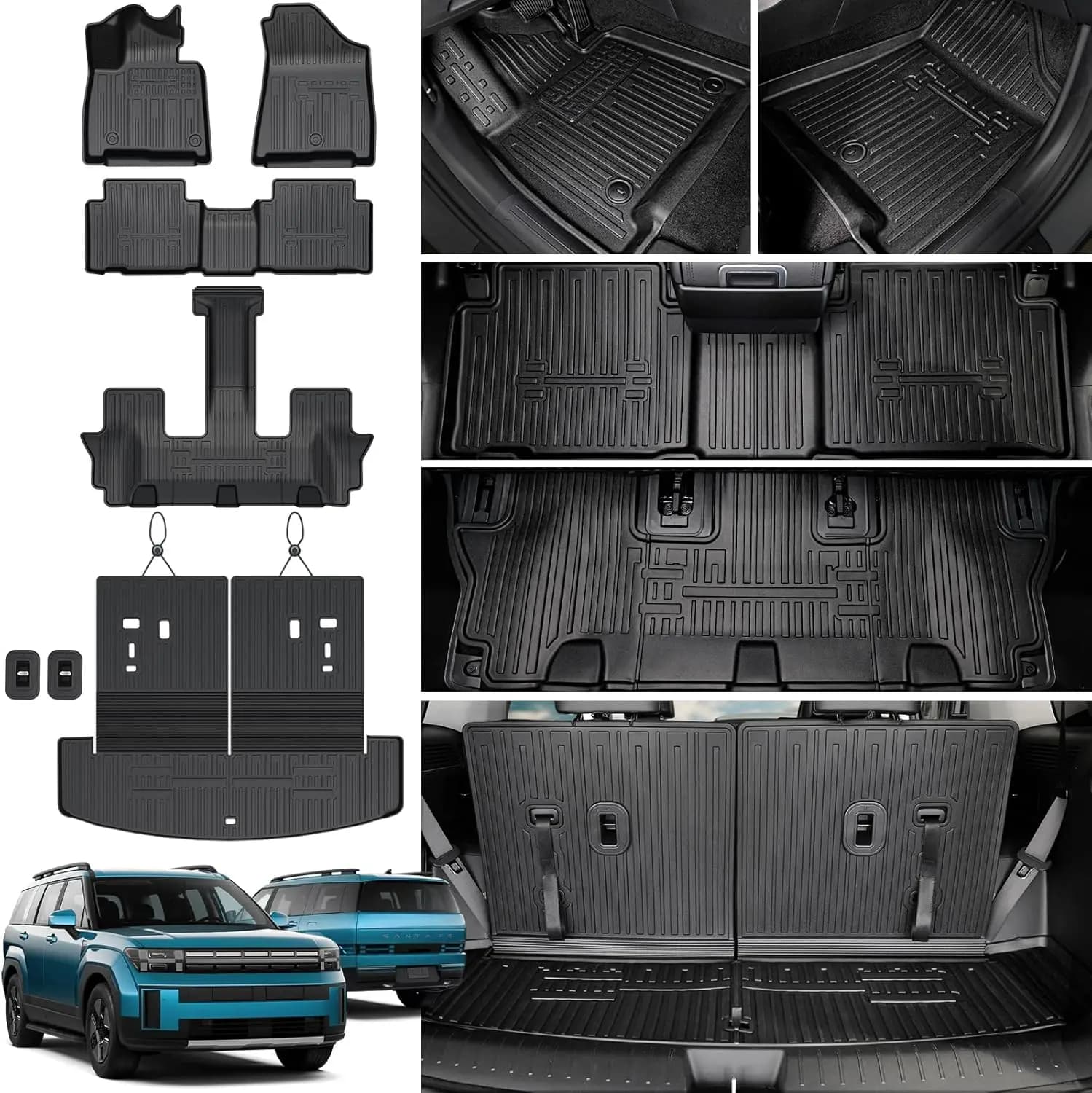 Tappetini per Auto e Bagagliaio, Materiale TPE, Nero, Per Tutte le Stagioni e 2-in-1 Cargo per Hyundai Santa Fe 2024-2026