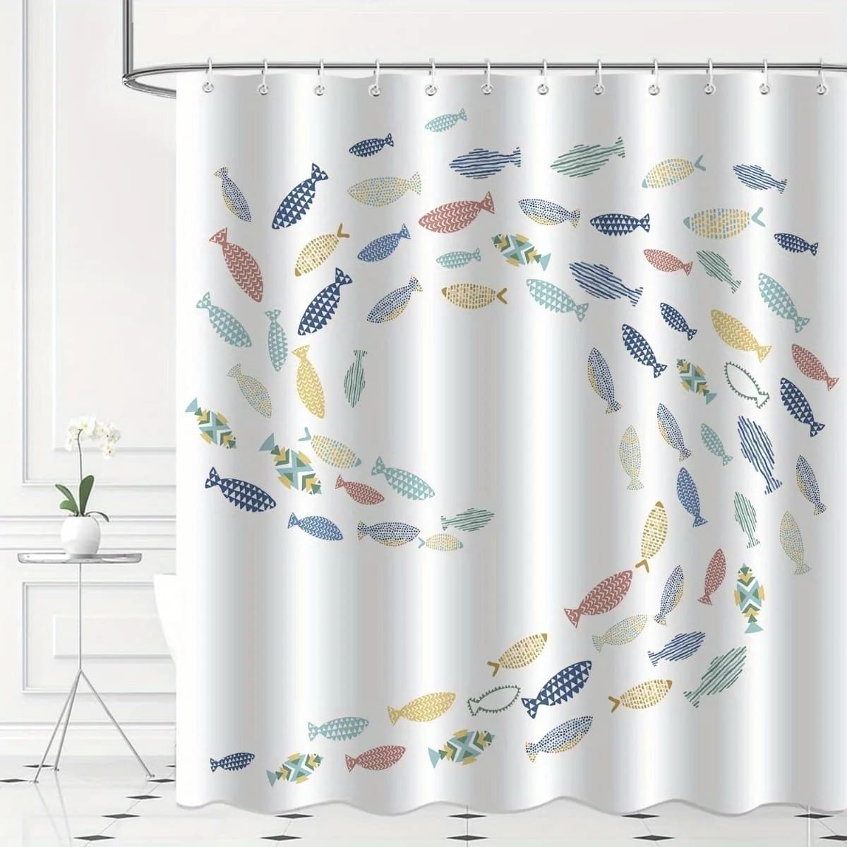 Tenda da doccia per pesci - Design astratto minimalista bianco, poliestere, lavabile in lavatrice, arredamento moderno per il bagno, installazione semplice