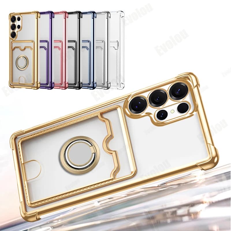 Custodia a portafoglio con slot per schede con placcatura trasparente per Samsung Galaxy S25 Ultra Edge S24 FE S23 Plus S22 Supporto magnetico con supporto antiurto