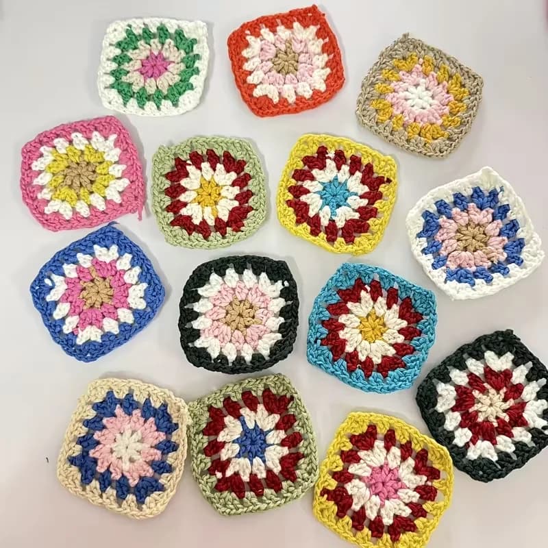10/12pcs Random Color Random Style Handmade Crochet Flower Squares - Bright Mixed Colors, Exquisite Patterns