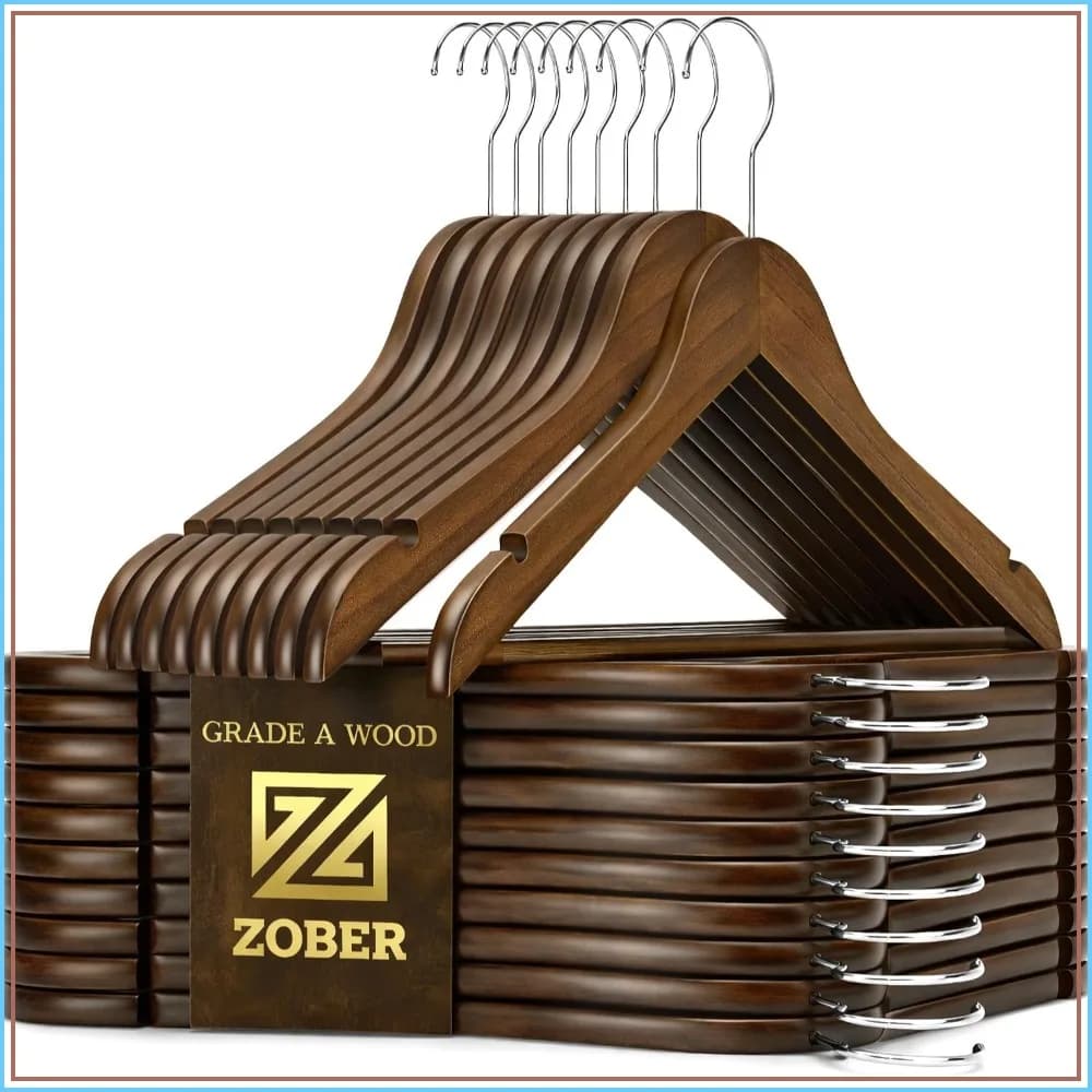 Heavy Duty Non Slip Wood Hangers for Coats, Jackets, Suits & Pants - 20 Pack with Bar and Notches
