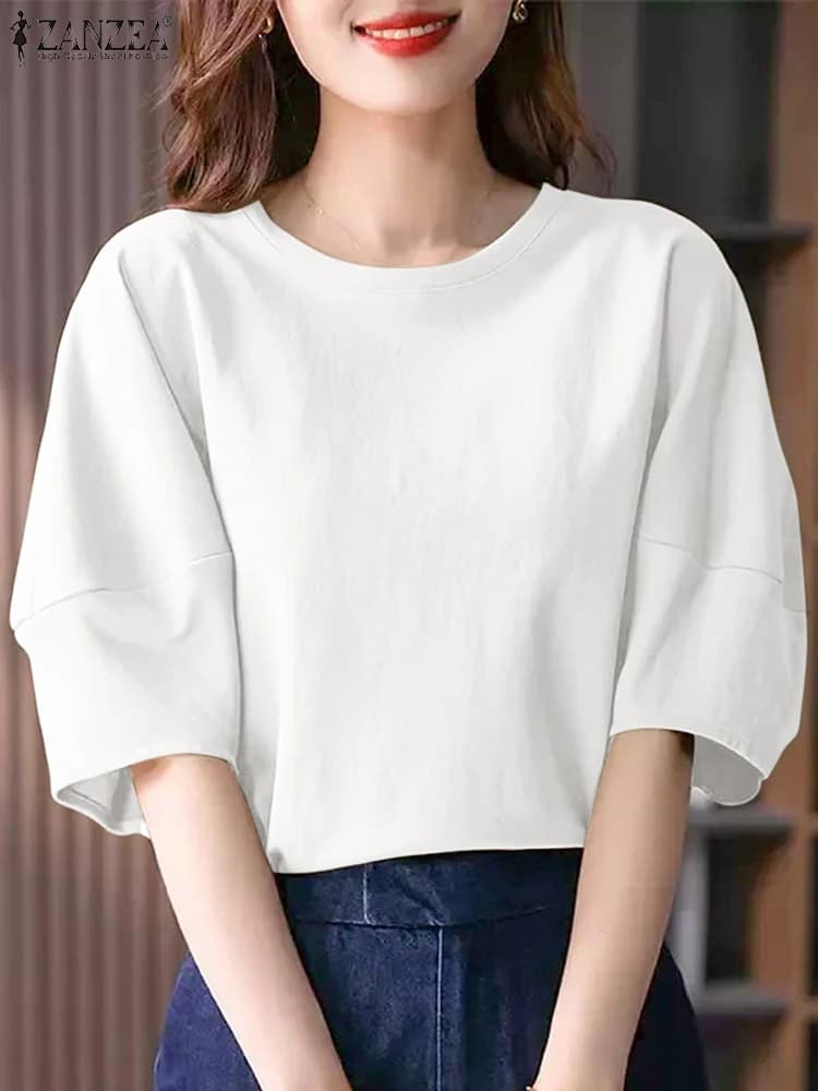 ZANZEA 2025 Camicetta elegante con maniche a sbuffo estiva Donna Basic Girocollo Top Blusas Camicie da vacanza solide Tuniche allentate casual Femme