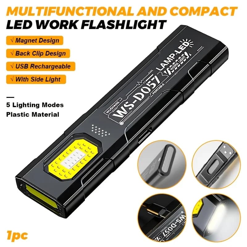 Torcia LED COB ricaricabile tramite USB-C, 600LM, mini torcia portatile, lanterna tascabile, luce da lavoro con magnete per emergenze