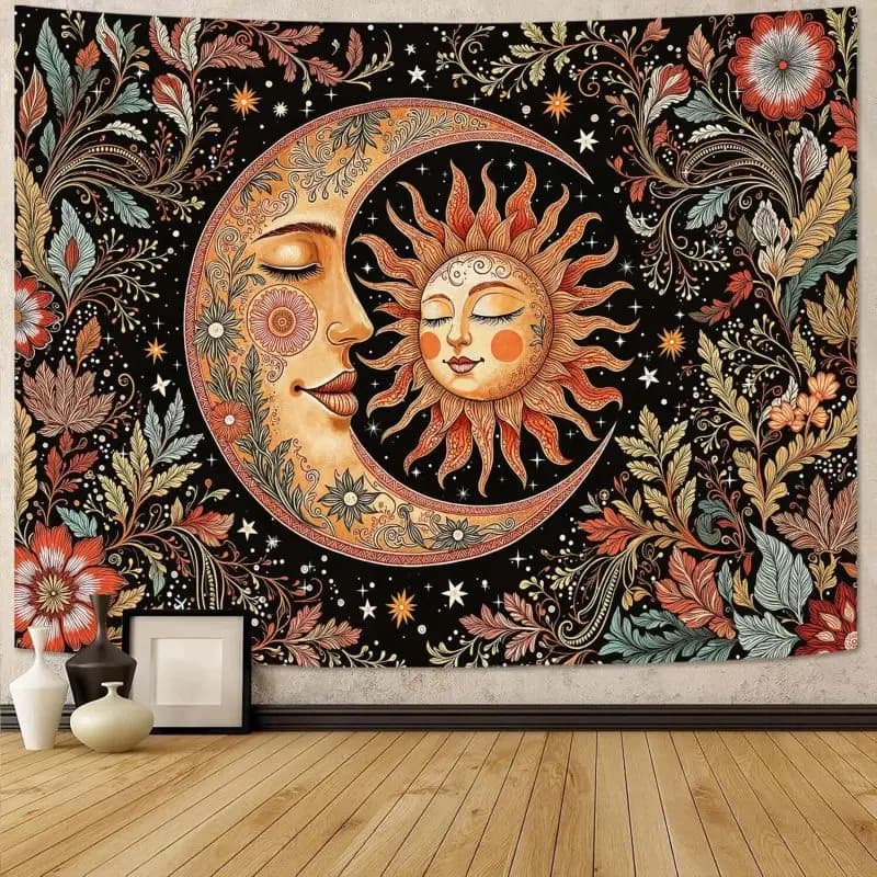 VIKAMA Vintage Sun Moon Tapestry Floral Wall Hanging for Bedroom Living Room Dorm Spiritual Boho Home Decor