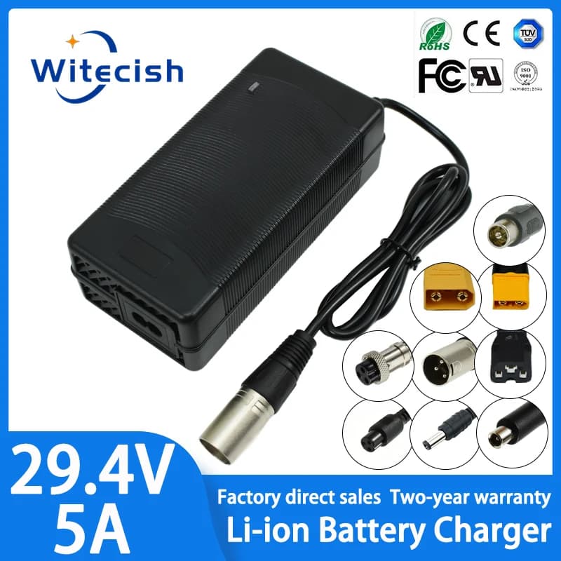 Caricabatteria al litio da 29,4 V 5A per utensili elettrici per sedie a rotelle Batteria agli ioni di litio da 24 V serie 7 Ventola di raffreddamento incorporata a ricarica rapida