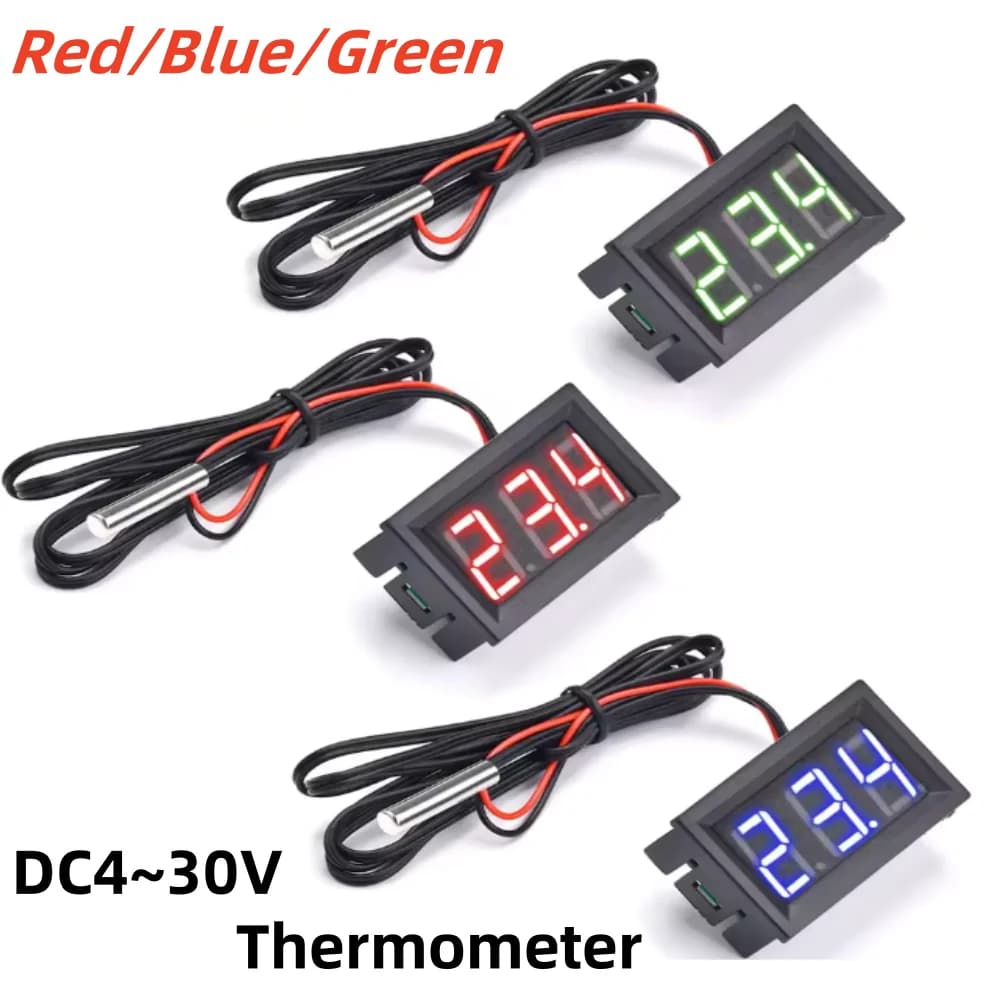DC4~30V LED 0.56-inch Three-digit Digital Display Thermometer Sensor With Probe NTC 3950 10K1% Red/Blue/Green Display -50-120°C
