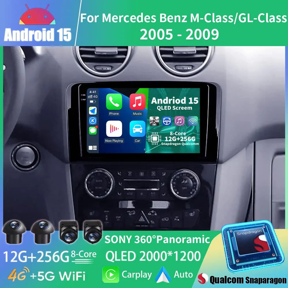 Android 15 Autoradio Per Benz ML GL W164 ML350 ML500 GL320 X164 ML280 GL350 GL450 Lettore Multimediale GPS Navi Carplay Stereo QLED