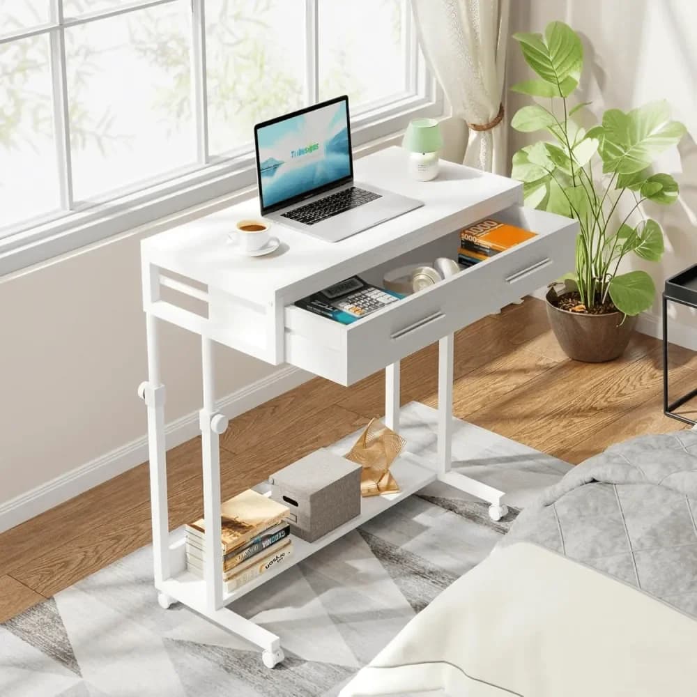 Scrivania mobile per laptop con ruote e cassetti, scrivania portatile con ruote per divano, per ufficio domestico, piccola postazione di lavoro in piedi, tavolino laterale per divano