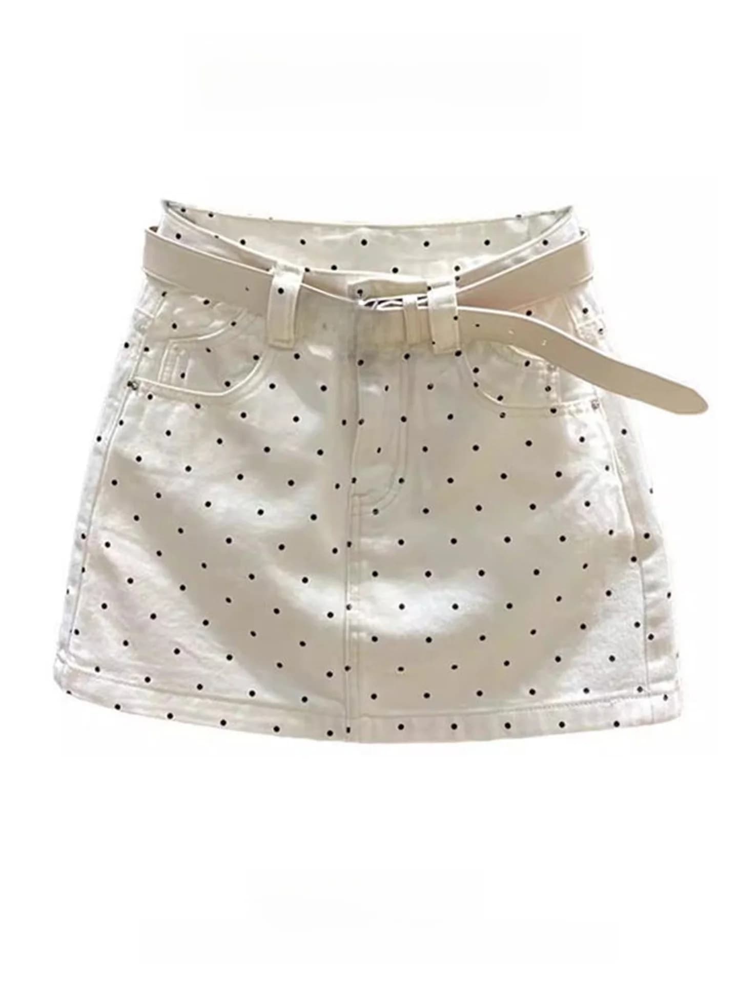 White Polka Dot High Waist A-Line Denim Skirt Women's Summer Design Sensation Anti-Light Short Skirt Trendy Girl