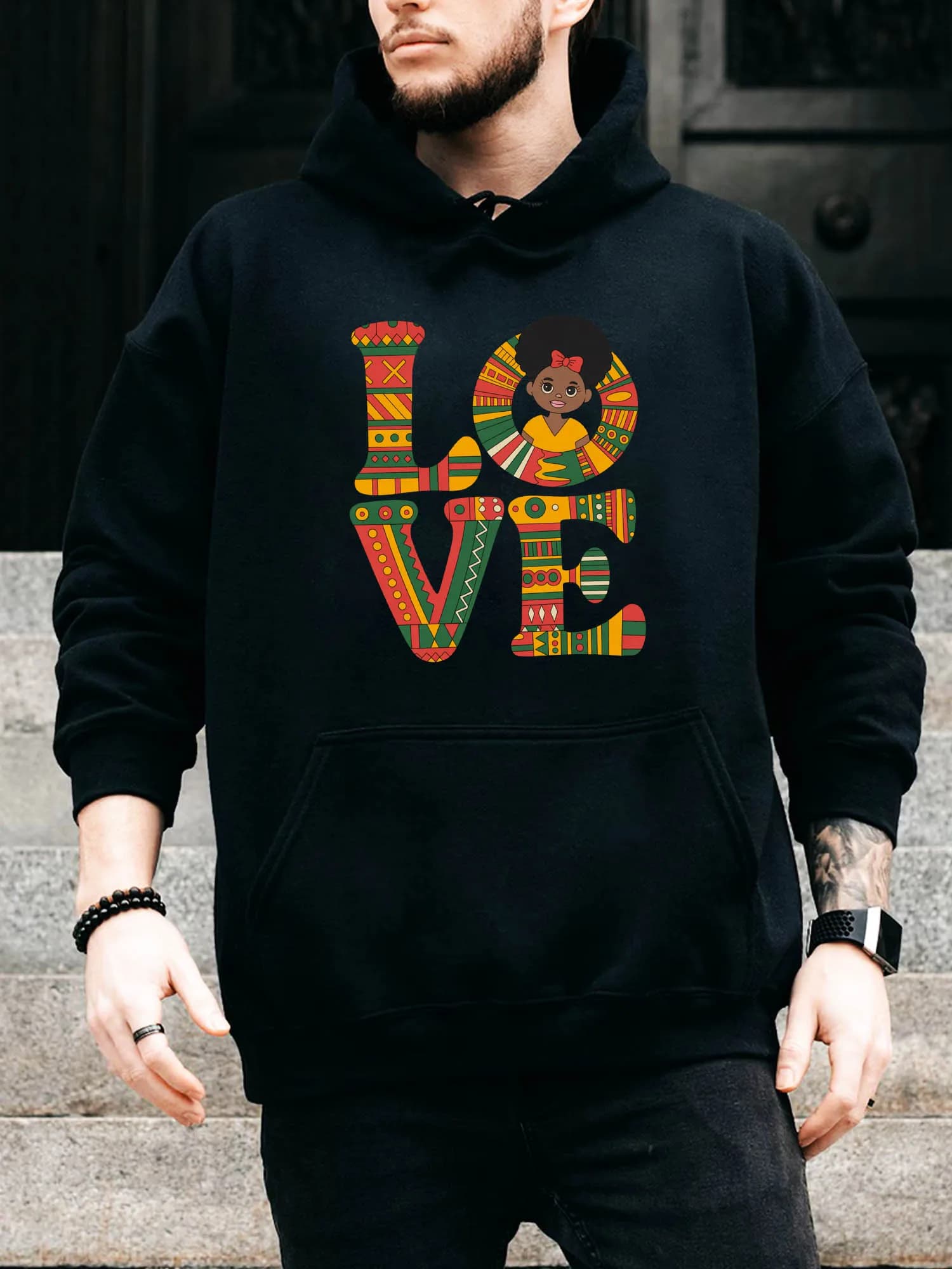 Felpa con cappuccio da uomo con coulisse Afro Juneteenth Love - Pullover nero casual e confortevole, felpa con cappuccio autunno e inverno