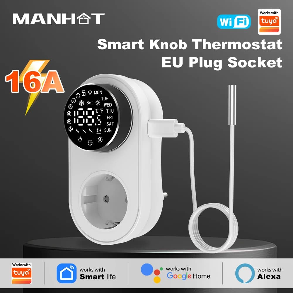 MANHOT Wifi Smart Plug-in Knob Thermostat with LED knob screen NTC Sensor Programming Mode Temperature Control With Smart Life