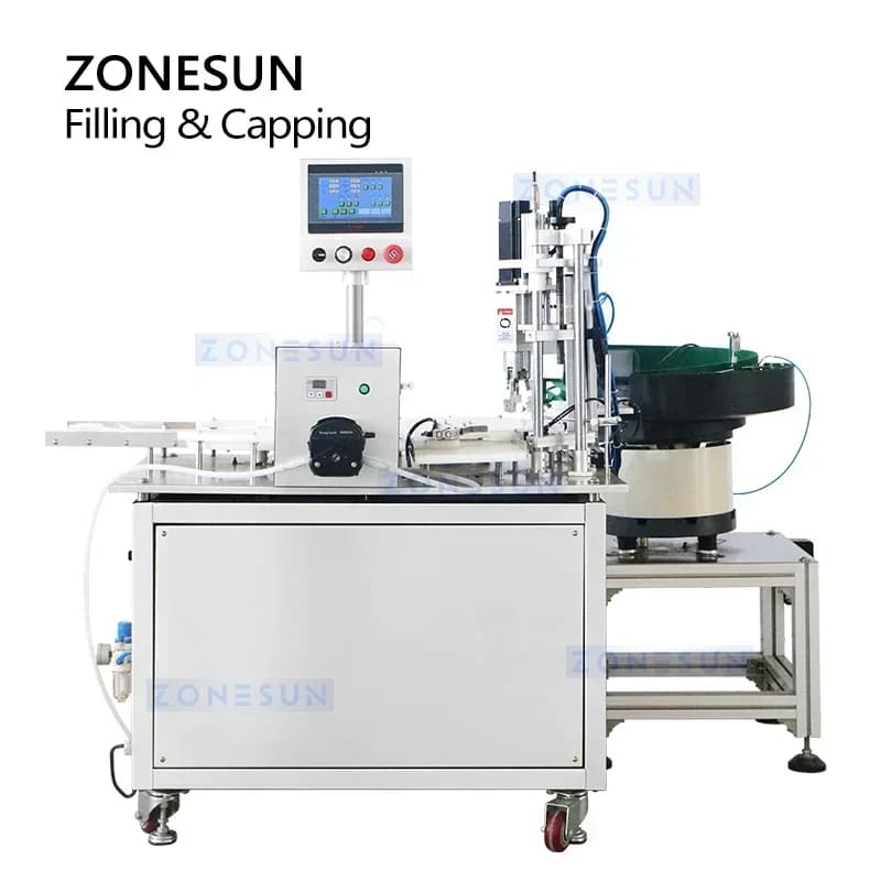 Macchina automatica per il riempimento e la tappatura di bottiglie con pompa peristaltica ZONESUN ZS-AFC15 con alimentatore per il confezionamento di spray di oli essenziali.