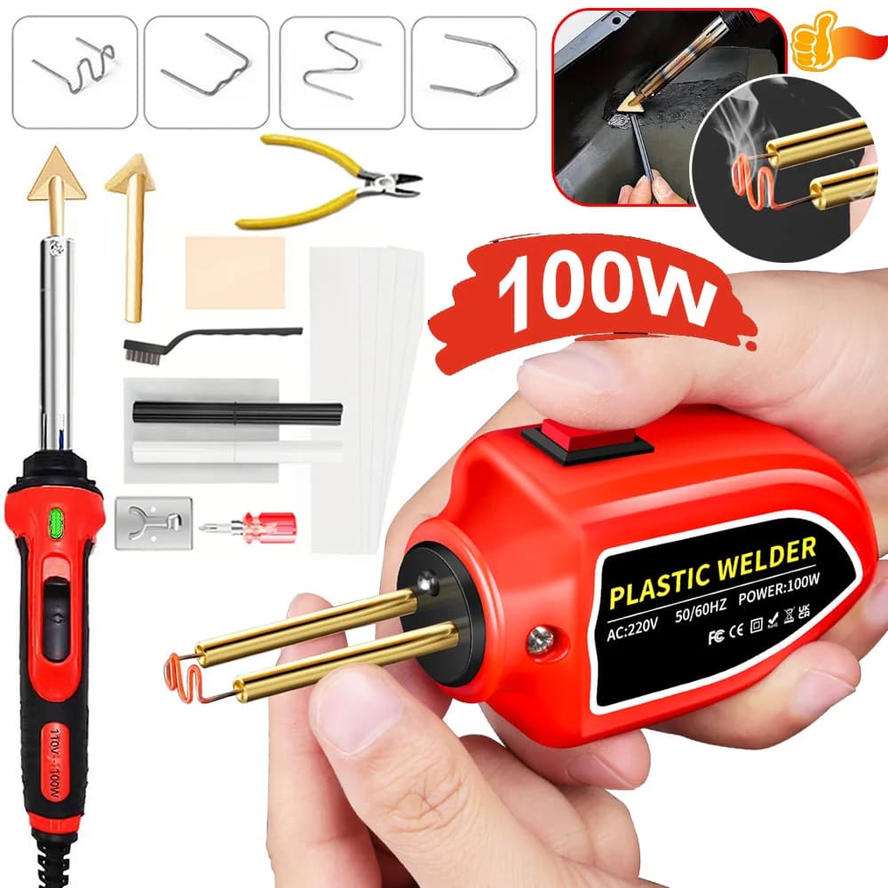 100 W Plastic Repair Welder Kit, 2 In 1 Car Bumper Repair Kit with 4 Type Hot Sewing for Most Plastic Repairs