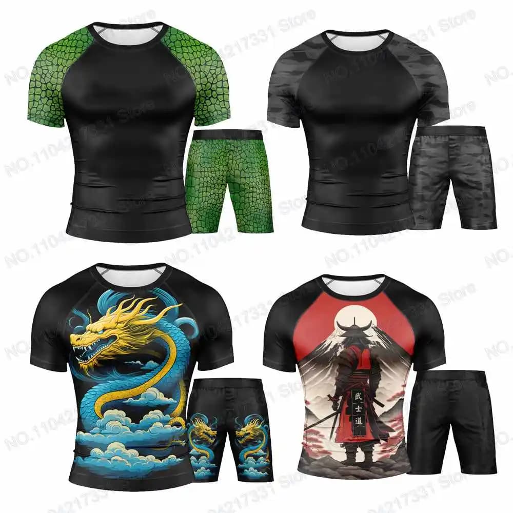 1° Nuove stampe speciali per il 2024 T-shirt Camicia Pantaloncini Maglia da surf Costumi da bagno da spiaggia Immersioni Palestra MMA BJJ Uomo Jiu Jitsu Set fitness
