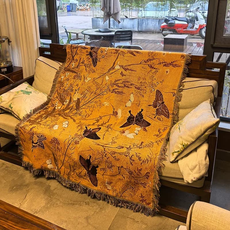 Coperta Vintage con Farfalle Intrecciate e Nappe, Plaid Boho Botanico per Divano, Letto, Arredamento Estetico per la Casa