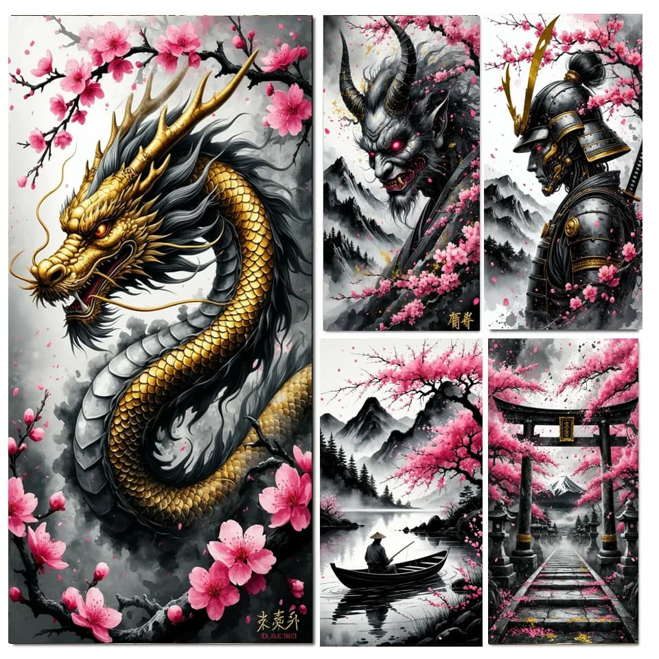Samurai Pink Peach Blossom Cherry Dragon Diamond Embroidery 5D Full Square Round Diy Diamond Painting Cross Stitch Home Decor