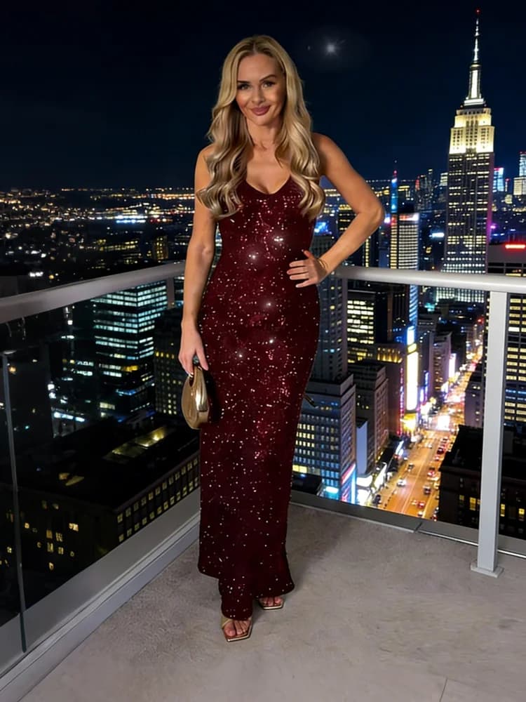 Abito lungo estivo da donna con scollo a V e lacci, elegante, slim, patchwork, a vita alta, senza schienale, da festa, con glitter, maxi abito femminile