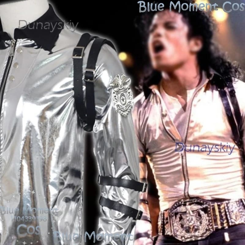Michael Cosplay Bad World Black Straps Jacket Costume Shiny Silver Stage Performance Halloween Carnival Party Navidad Carnaval