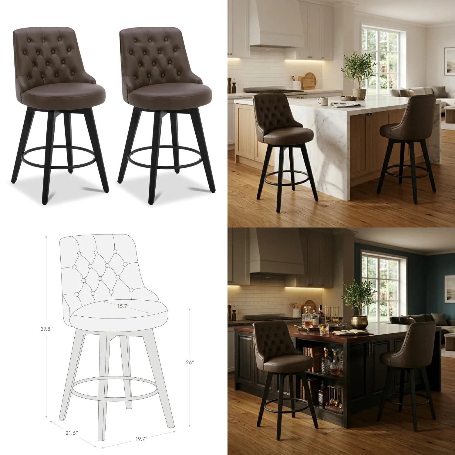 Modern Swivel Counter Bar Stool Faux Leather Back Wood Legs 26in Set of 2 Chocolate Customized