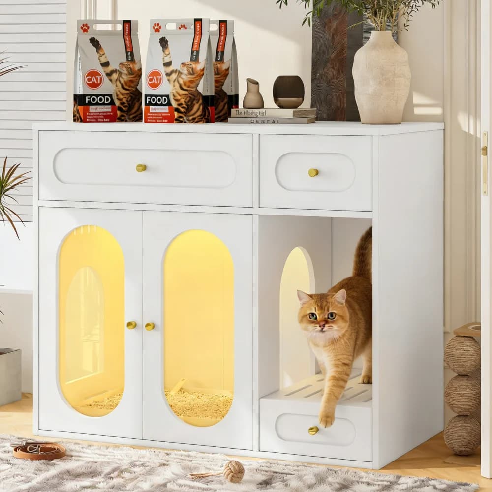 Ye Cat Litter Box Enclosure with LED Light, Hidden Furniture with Storage Drawers, Fits Most Litter Boxes, Indoor Pet House with Acrylic Doors, End Table for Living Room, White