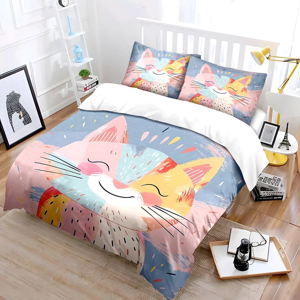 Set di biancheria da letto con stampa di un gatto sorridente e colorato, 1 copripiumino, 2 federe per adulti e bambini, regalo di lusso, misura completa