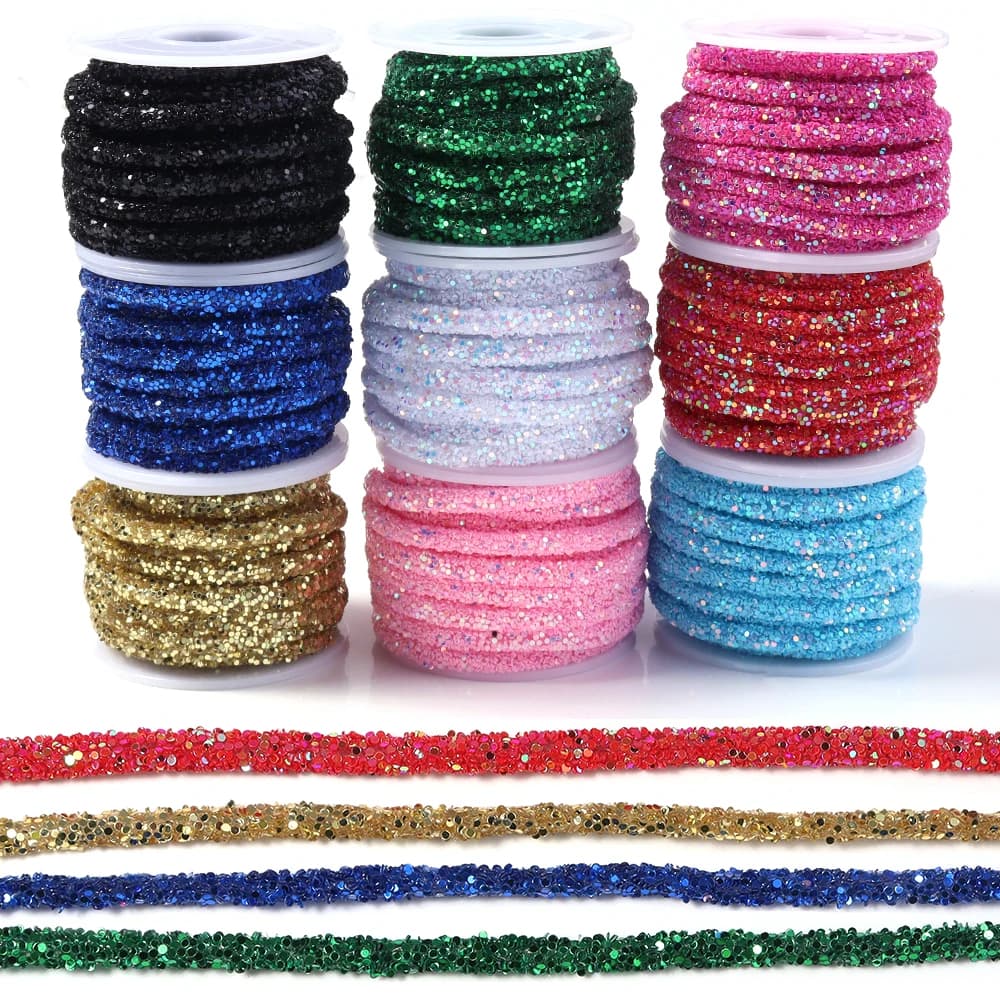 Corda Tubolare Rotonda in PVC Morbido da 5 Iarde, 6mm, con Strass e Paillettes, per Fai da Te, Lacci per Scarpe, Coulisse per Felpe e Pantaloni, Decorazione Abbigliamento