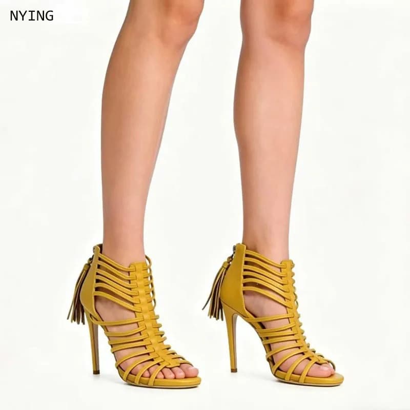 Sandali Gladiator da Donna Gialli con Tacco a Spillo, Multi-Strap, Cut-out, Nappe e Punta Aperta, con Cerniera Posteriore e Cinturino alla Caviglia, Tacchi Alti per l'Estate