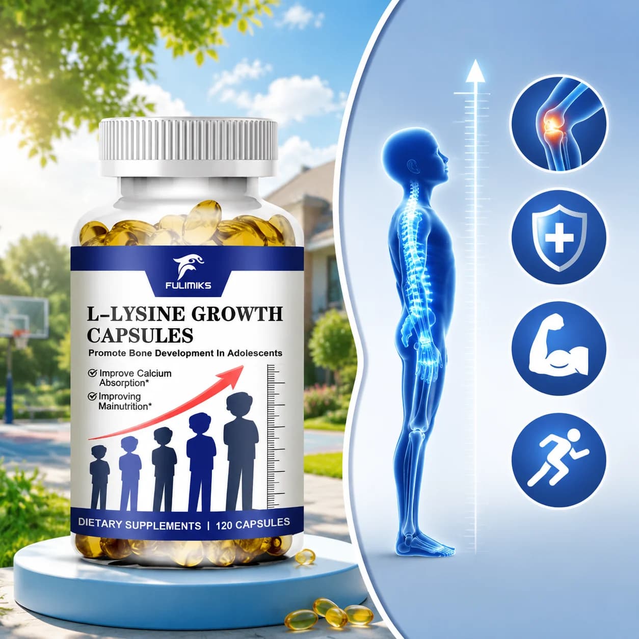 Natural Height Growth Supplement for Teens, with L-Lysine with Vitamin D & Calcium, Supports Bone Growth & Nutrient Absorption