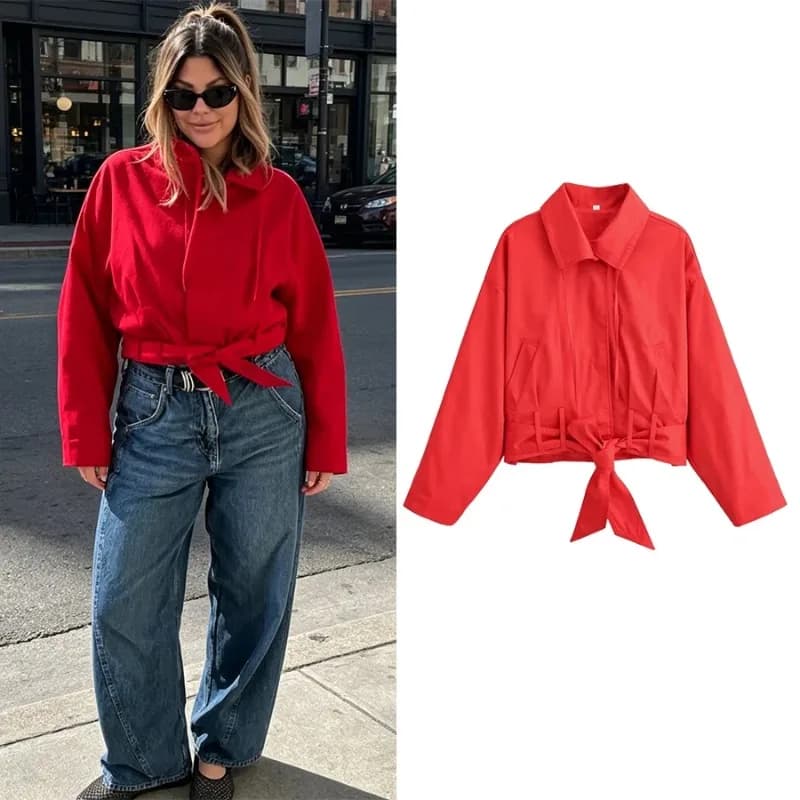 SMVP Women Belt Red Jacket Coat Fashion Women High Street Casual Jacket Autumn Outfit For Women Elegant Turtleneck Jacket