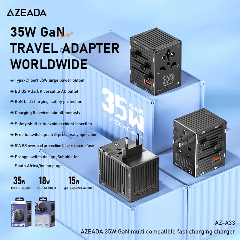 Adattatore da Viaggio Globale Azeada 35W GaN, Adattatore Multi-Paese US/Europeo/UK/Australiano, Caricatore Portatile Tutto-in-Uno