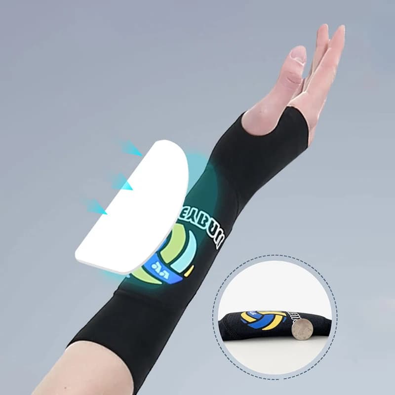 2 pz/paia traspirante pallavolo avambraccio maniche pallavolo fascia da braccio protezioni per il braccio supporto per il polso con cuscinetti in spugna e foro per il pollice