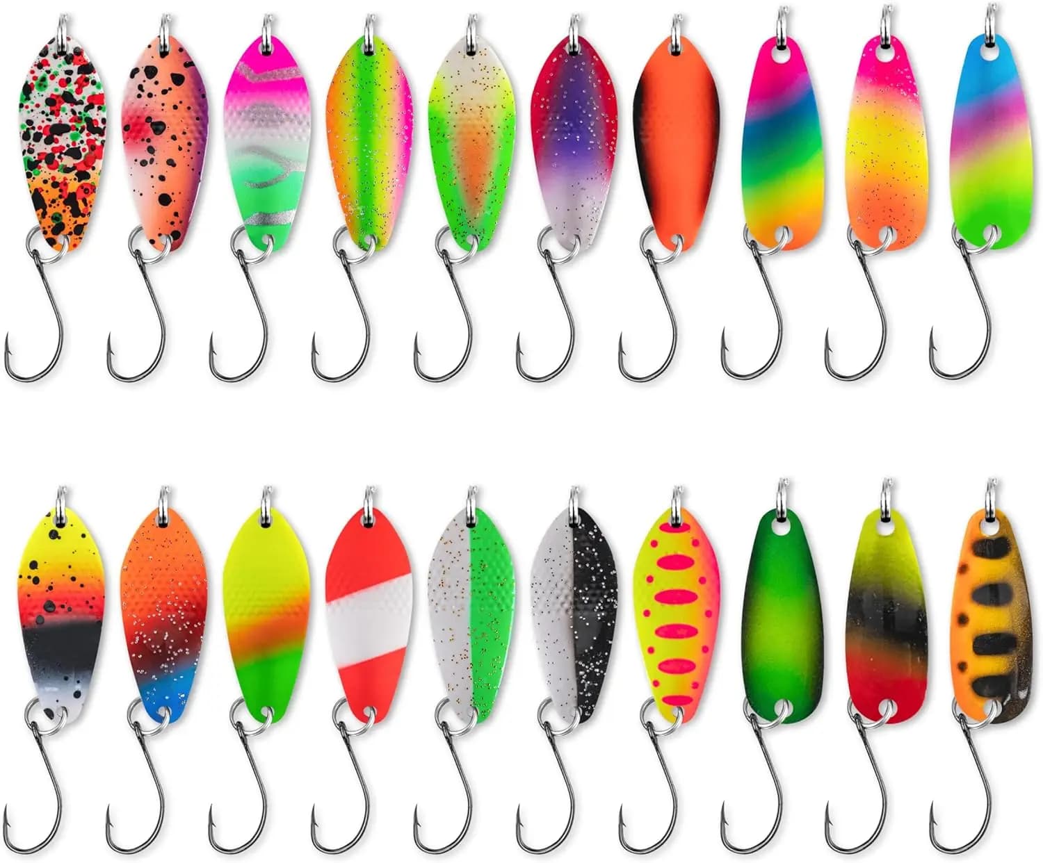 Confezione da 20 esche a cucchiaio per la pesca di persici, trote e lucci, design con amo singolo anti-attorcigliamento, azione di recupero lento