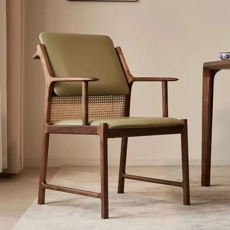 Sedia da Pranzo in Stile Nordico Vintage con Seduta in Legno di Gomma e Pelle, Cuscino in Velluto di Agnello, Elegante Arredamento per Sala da Pranzo