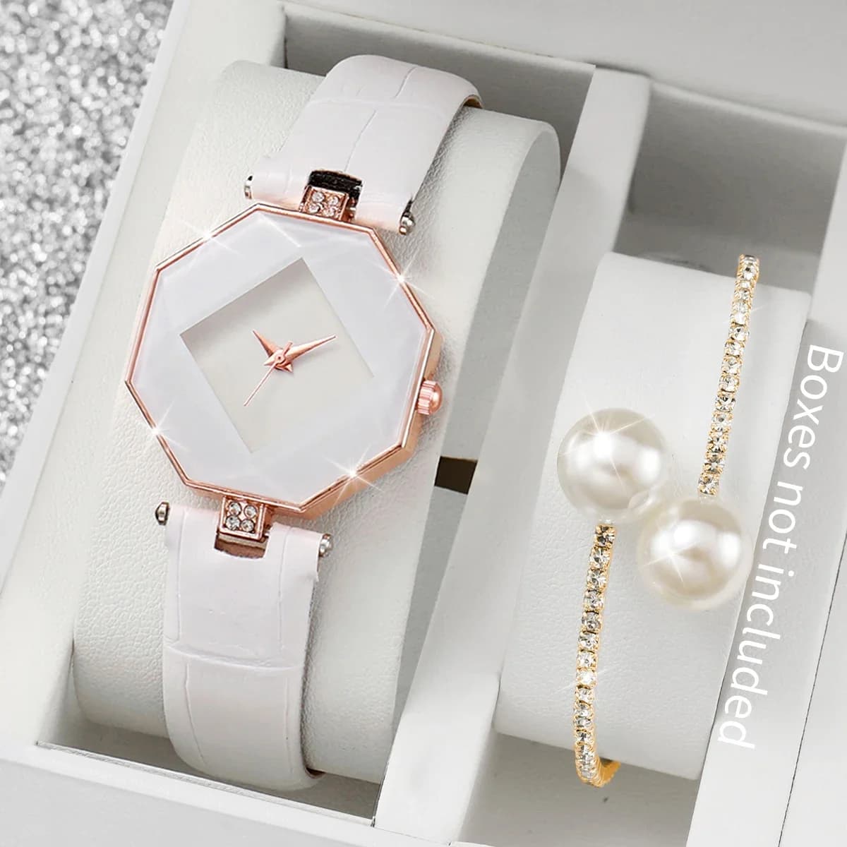 2 orologi da donna alla moda, cinturino in pelle casual, orologio analogico al quarzo, set di braccialetti con perle (senza scatola)