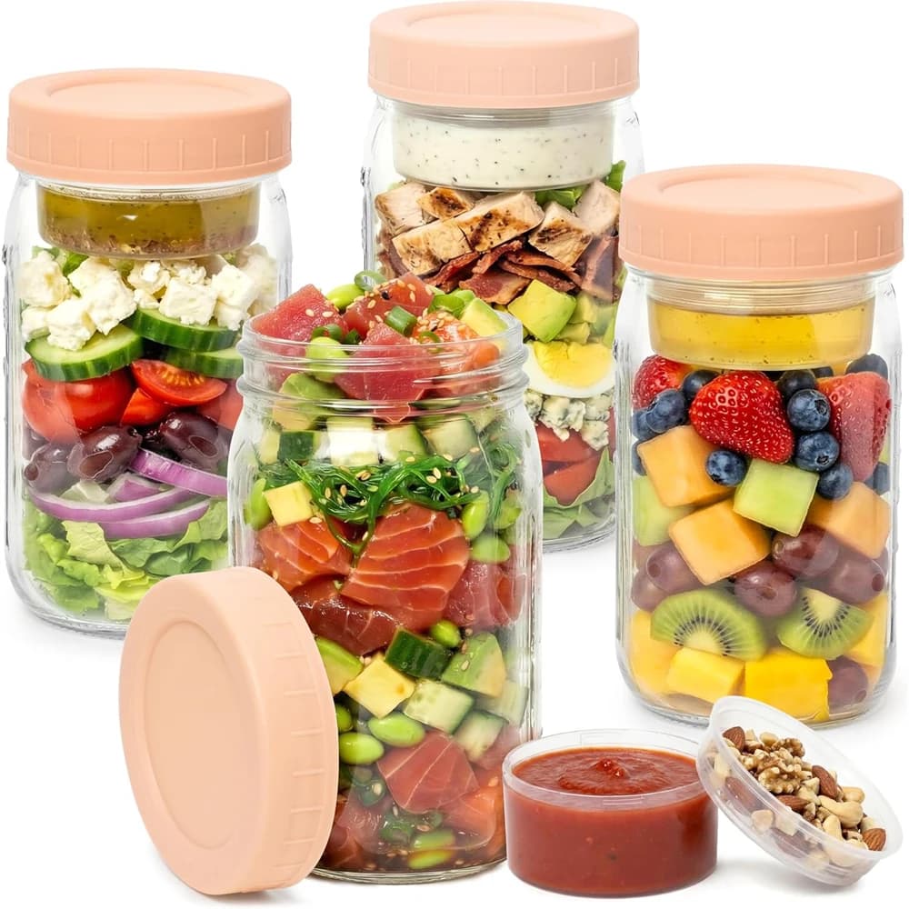 Barattoli in Vetro per Insalata con Coperchi per Preparazione Pasti, Contenitore Ermetico con Due Piccoli Bicchieri Integrati per Separazione Umido/Secco