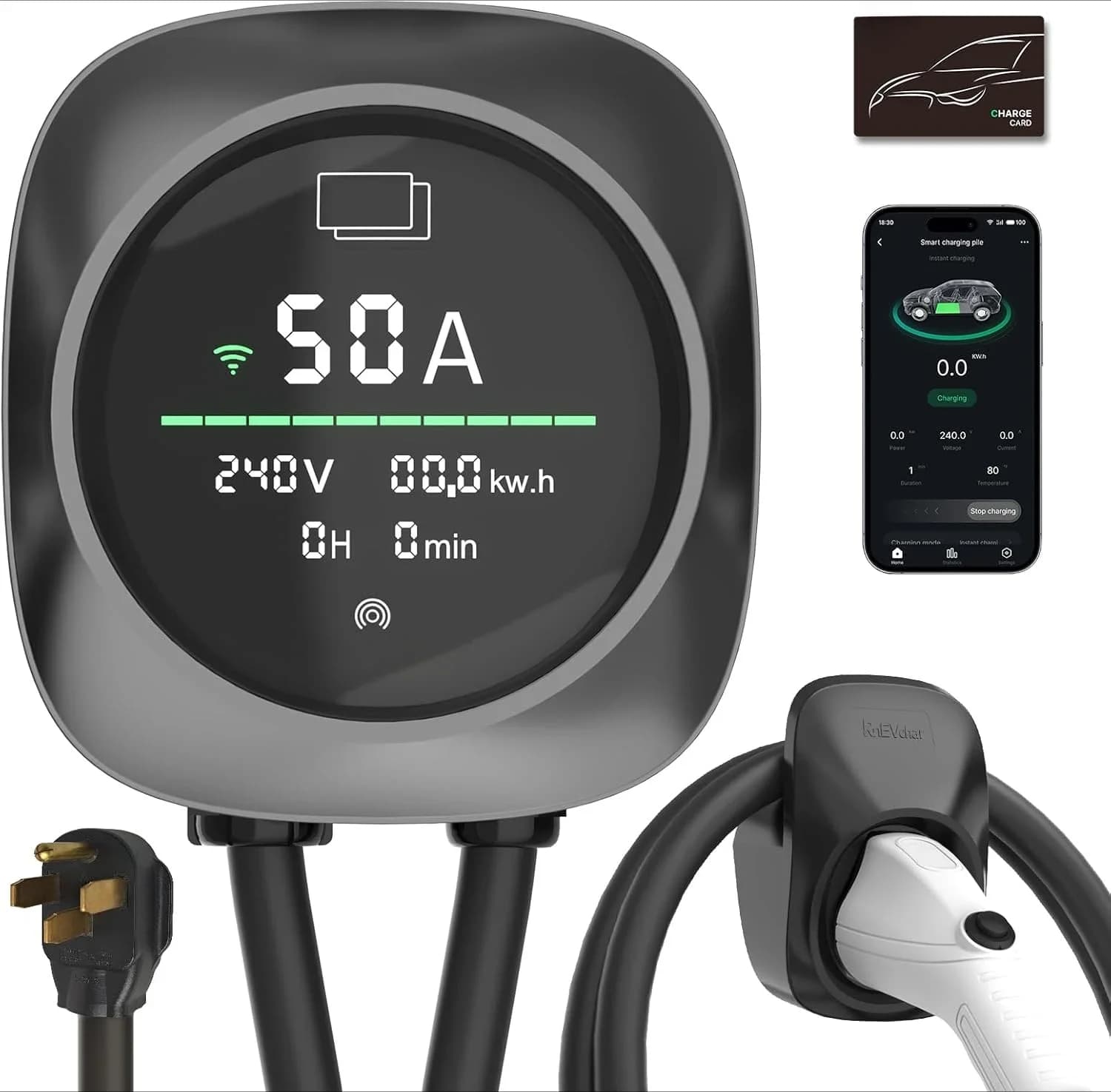 Caricabatterie EV da 50 A, 240 V per J1772 Home per spina o cavo NEMA 14-50, stazione di ricarica livello 2 con schermo intelligente con WiFi
