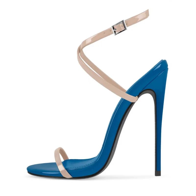 Summer new patent leather color blocked one line strap ankle buckle strap sexy sandals banquet large size high-heeled women shoe