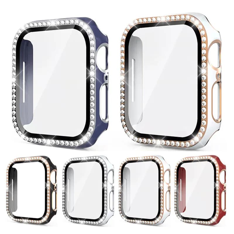 Vetro Bling + Cover per Apple Watch Case 45mm 41mm 40mm 44mm 42mm 38mm Paraurti diamantato + Protezione schermo IWatch Series 7 9 8 5 6 SE
