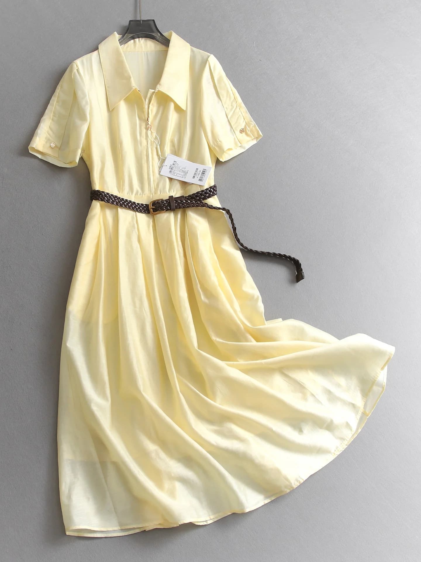 Slim Fit Short Sleeve Shirt Dress with Belt Pure Color Zipper Commute Long Dress Women's R920 City Commute Style Casual Elegant